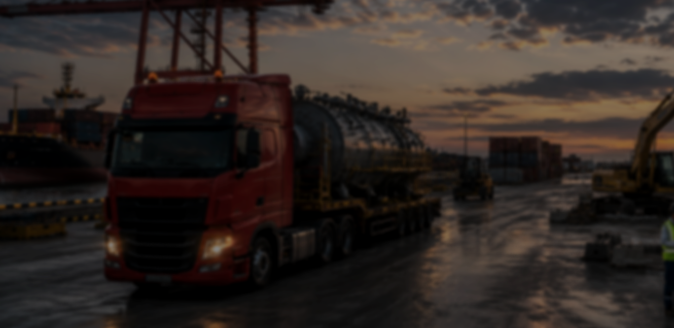 Red semi-truck carrying rounded cargo trailer on wet dock at sunset
