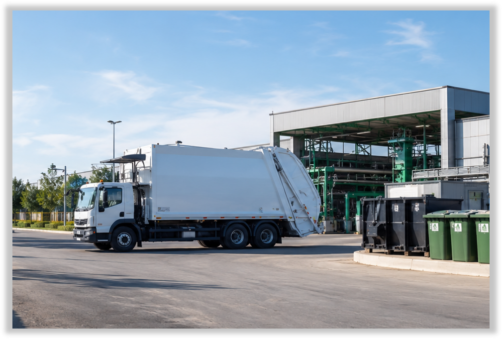 A white garbage truck parked outside a recycling facility with green and black recycling bins.