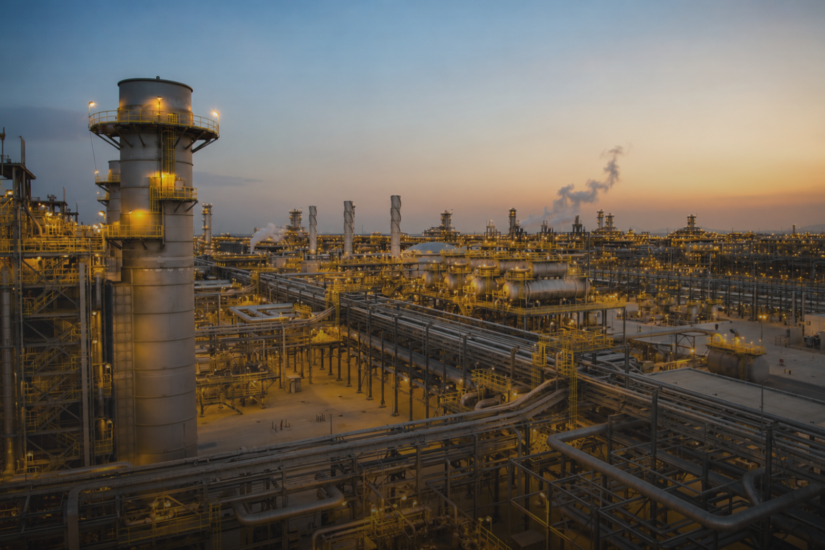 Oil refinery with multiple pipes, tanks, and industrial equipment illuminated at dusk, with smoke and steam emissions in the background.