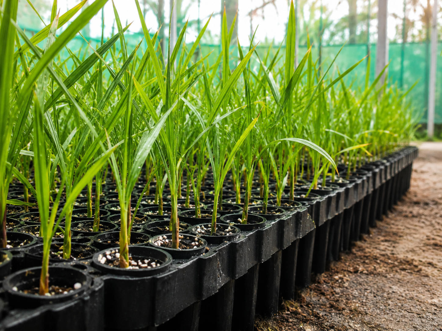 Young green plants growing in black pots inside a greenhouse.