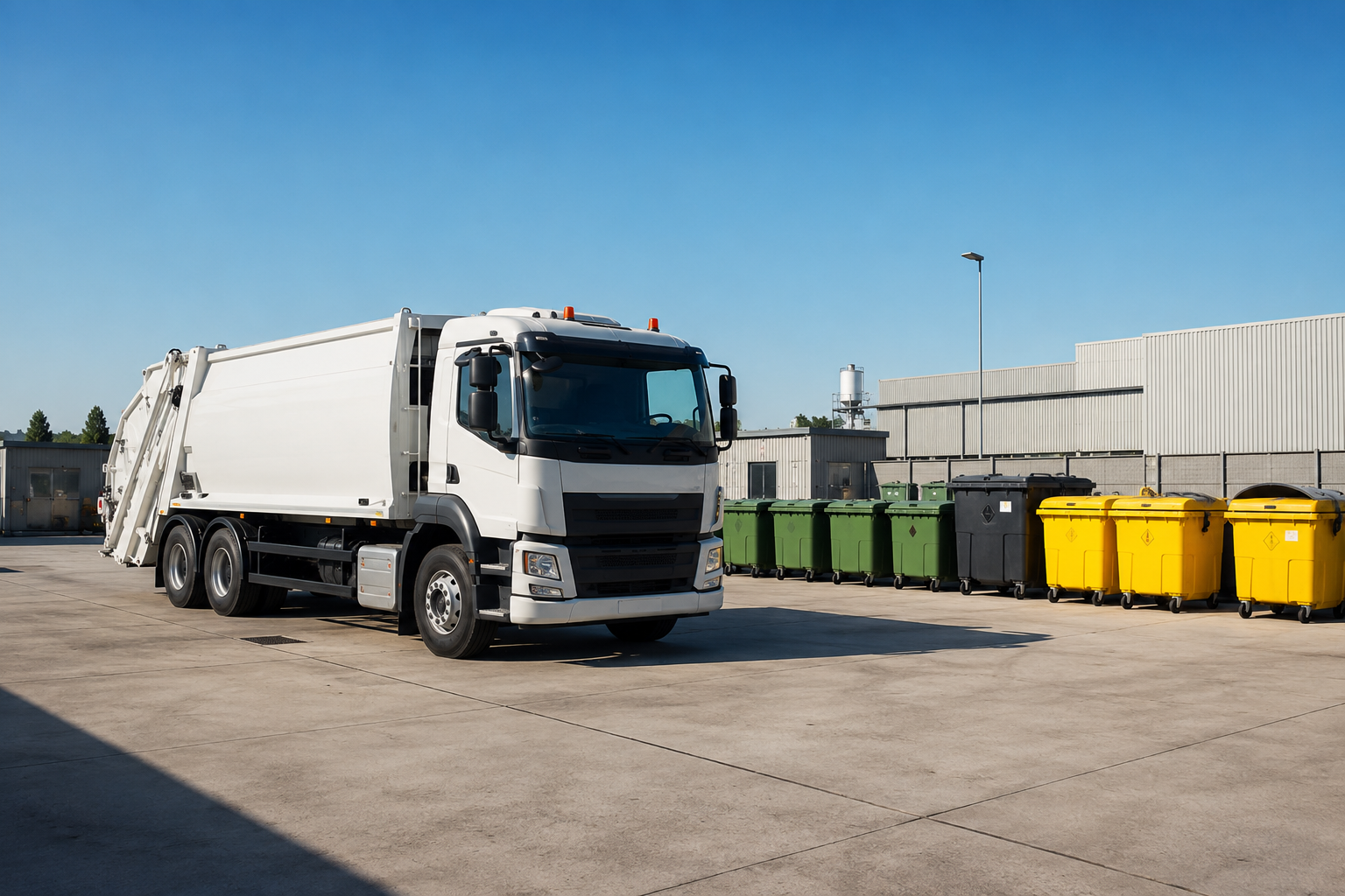 A white garbage truck parked outside near colorful waste bins on a concrete surface under a clear blue sky.