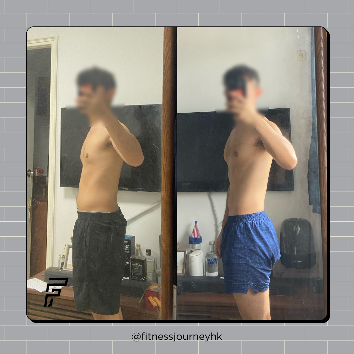 Side-by-side mirror selfies of a shirtless young man, showing a fitness transformation with a slimmer physique on the right and a slightly larger physique on the left, in a bedroom with a television and various personal items.