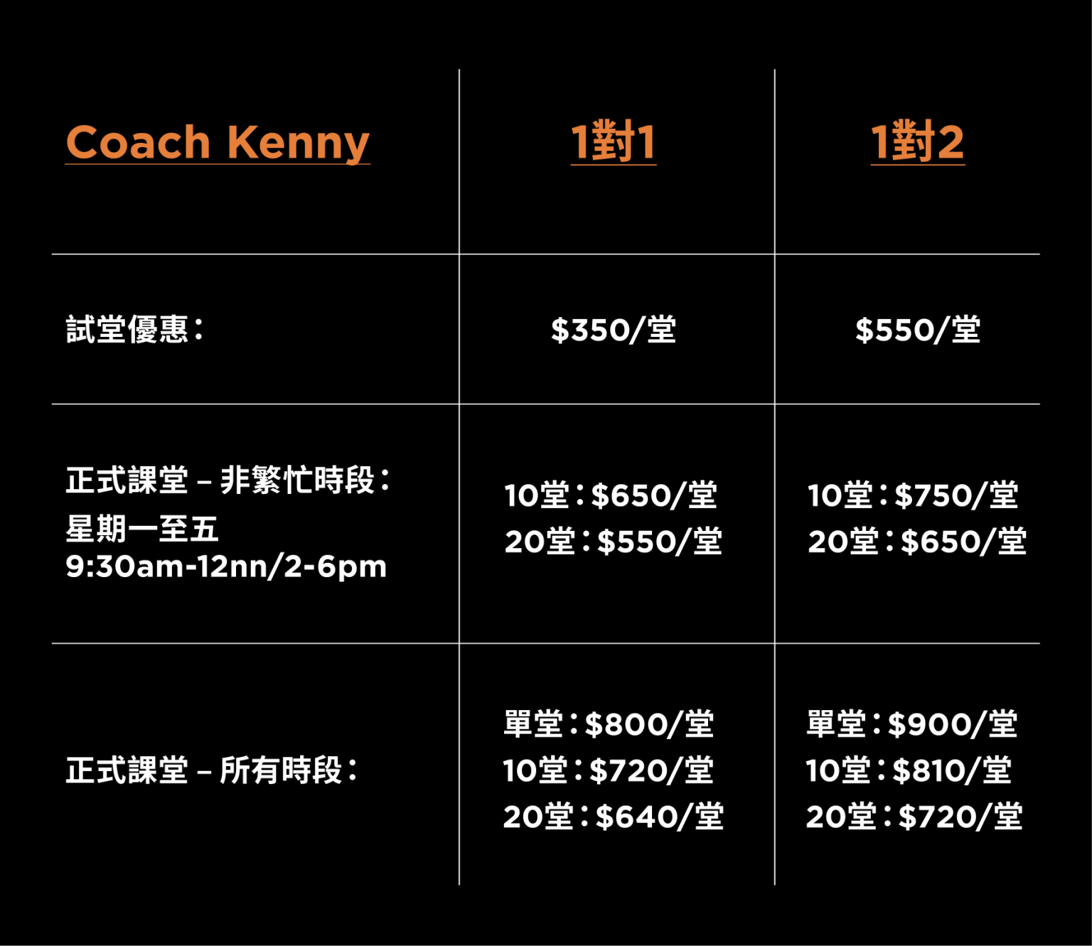 Pricing chart for Coach Kenny's martial arts classes, listing prices for different class packages and times, with text in both Chinese and English.