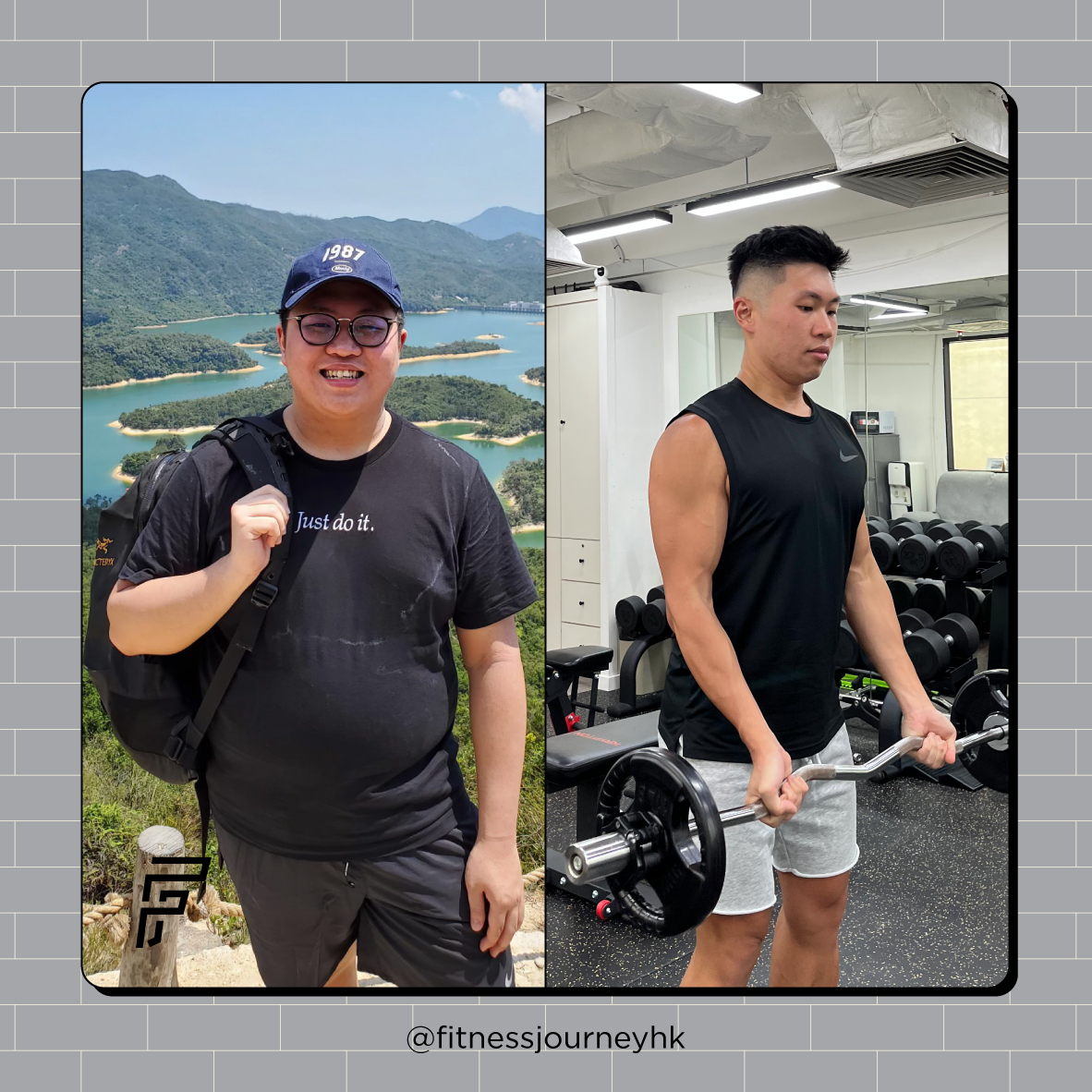 Comparison of a person before and after fitness transformation. On the left, the individual is outdoors, smiling, wearing a black t-shirt with 'Just do it.' and a blue cap, standing in front of a lake and mountain backdrop. On the right, the same person is indoors in a gym, lifting a barbell with visible muscle definition, dressed in a black sleeveless shirt and gray shorts.