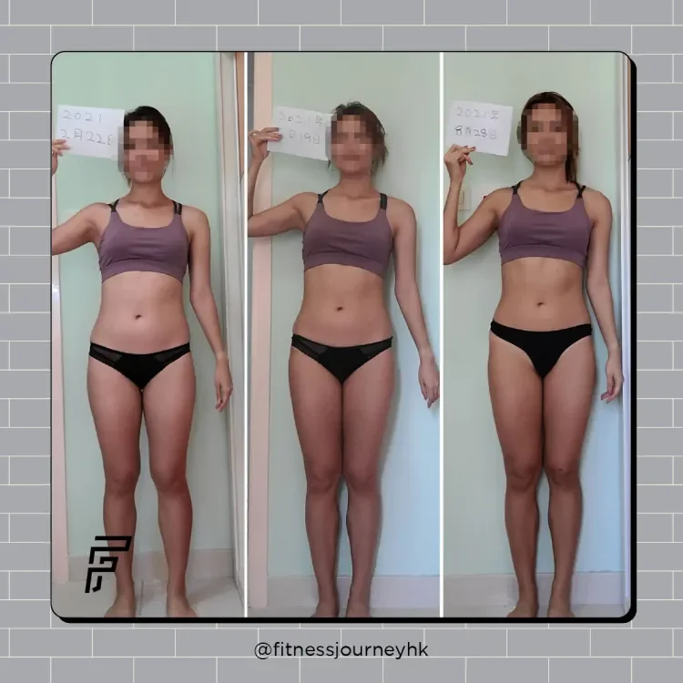 Series of three side-by-side photos showing a woman in workout clothes in different stages of body transformation over time, holding a sign with dates and numbers, standing against a light green wall.