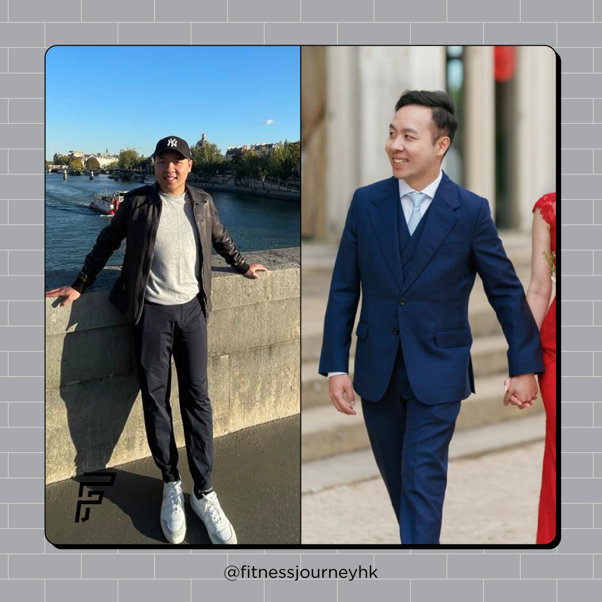 A side-by-side comparison photo with a man in casual attire on the left and a man in a suit holding hands with a woman in a red dress on the right.
