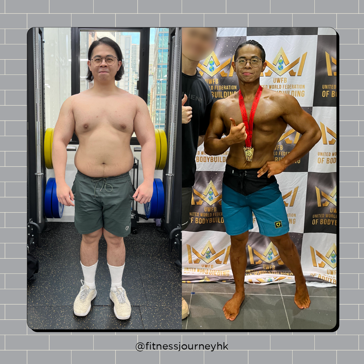 Side-by-side comparison photo of a man before and after a bodybuilding transformation. The left shows a man with a higher body fat percentage, wearing gray shorts and white sneakers, standing shirtless in a gym. The right shows the same man with a muscular physique, wearing blue shorts and a medal around his neck, posing confidently in front of a bodybuilding competition backdrop.