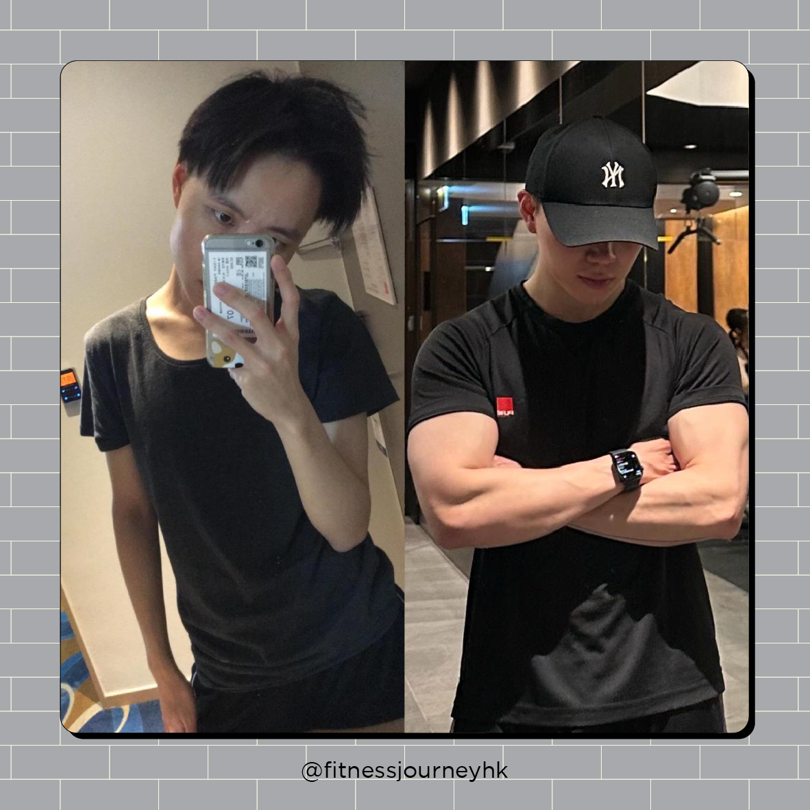 Side-by-side photos of two young men in black t-shirts. The left man takes a mirror selfie with a phone, showing messy black hair and a neutral expression. The right man has his arms crossed, wears a cap and smartwatch, with a serious expression, in a modern wooden and metallic interior