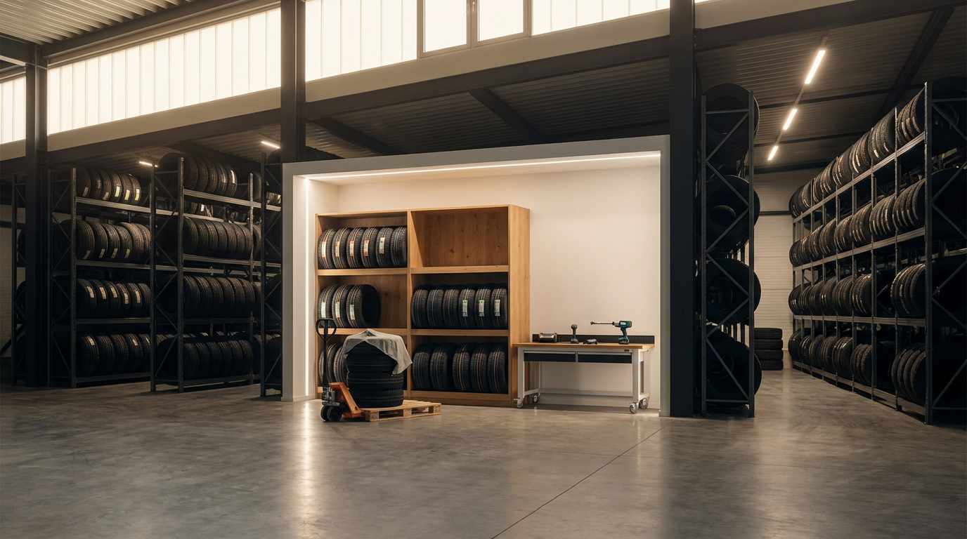 Interior of a tire warehouse with rows of tire racks and a workspace with stacks of tires on a wooden shelf, some tools on a table, and a pallet with bags of supplies.