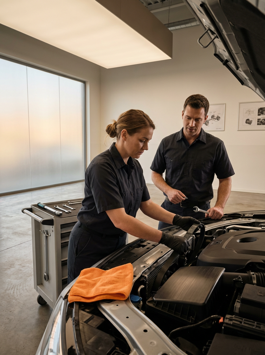 Two mechanics working on a car engine inside a well-lit workshop, one woman and one man, with tools on a nearby cart.