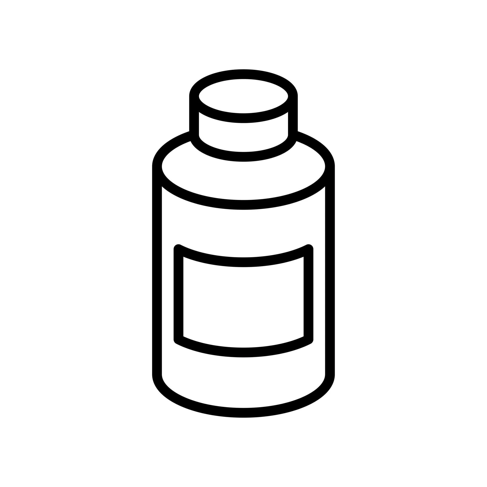 Black and white line drawing of a pill bottle with pills inside.