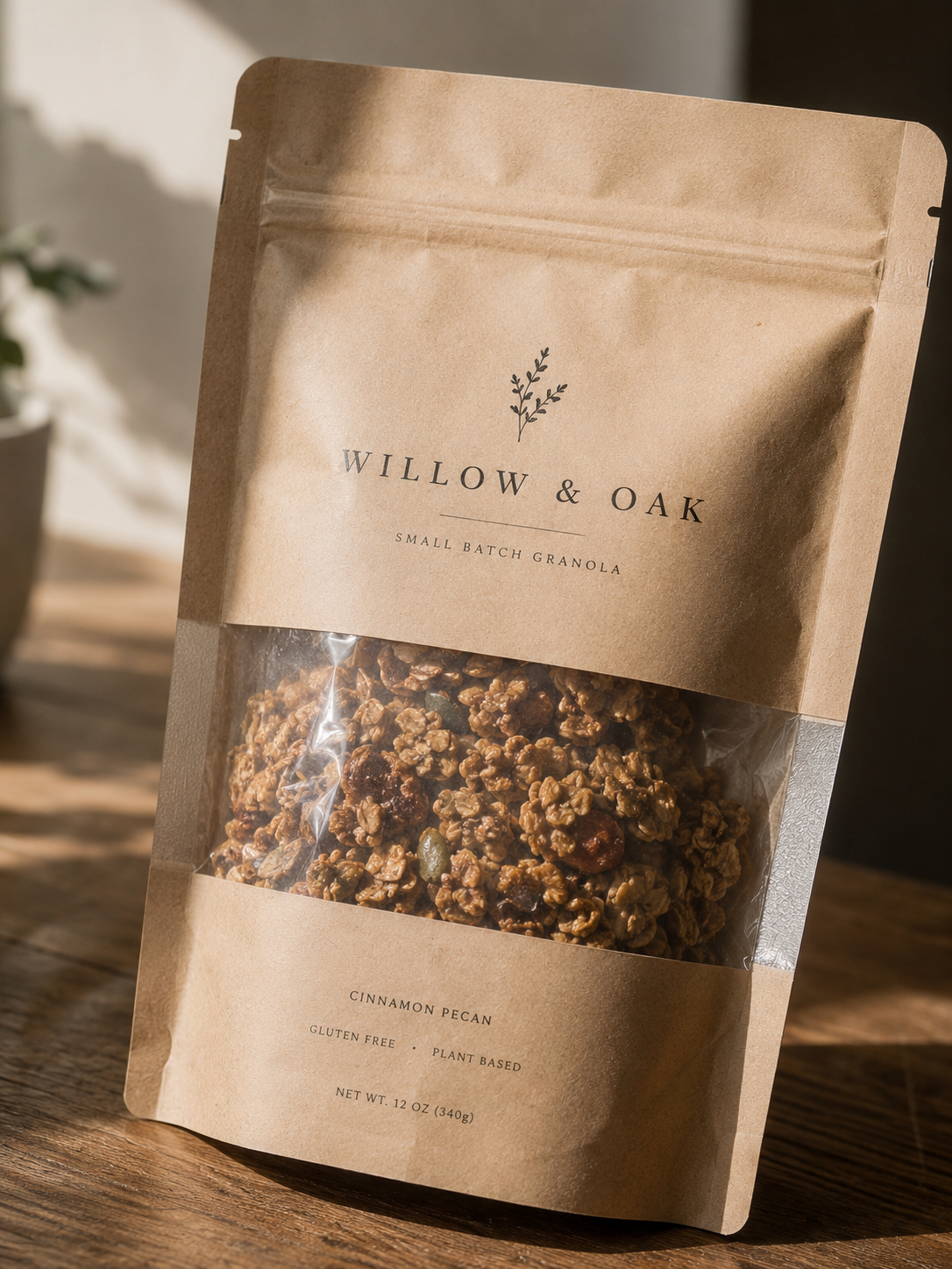Package of Willow & Oak small batch granola with cinnamon pecan flavor, gluten free, plant based, 12 oz (340g), in a Kraft paper pouch with a clear window showing granola.