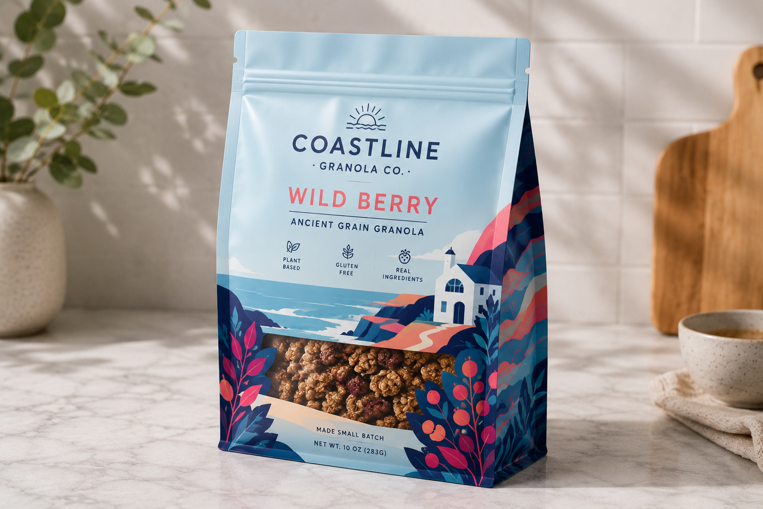 A bag of Coastline Granola Co. Wild Berry Ancient Grain Granola on a marble countertop, with a plant in a pot, a wooden cutting board, and a bowl nearby.