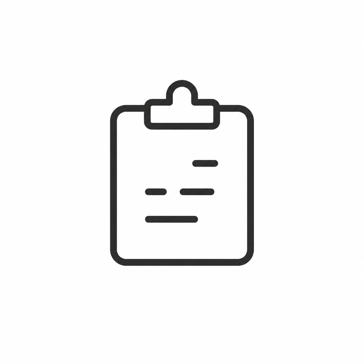 Minimalist black and white outline of a clipboard with a paper and text lines.
