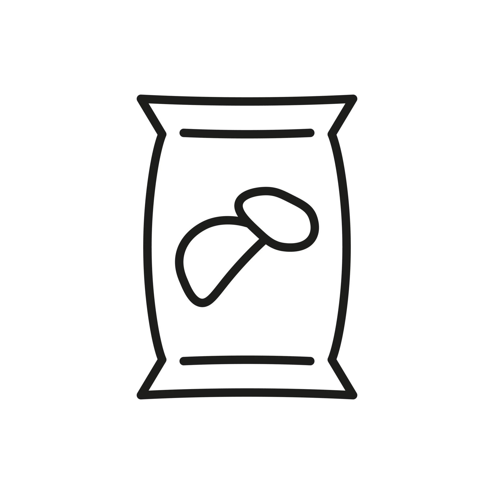 Simple black line drawing of a bag of potato chips with chips visible inside