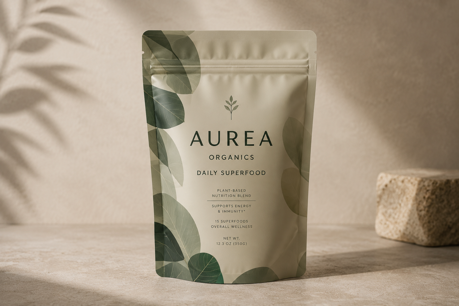 A beige resealable pouch labeled AUREA Organics Daily Superfood with green leaf designs, standing on a light-colored surface next to a stone block.