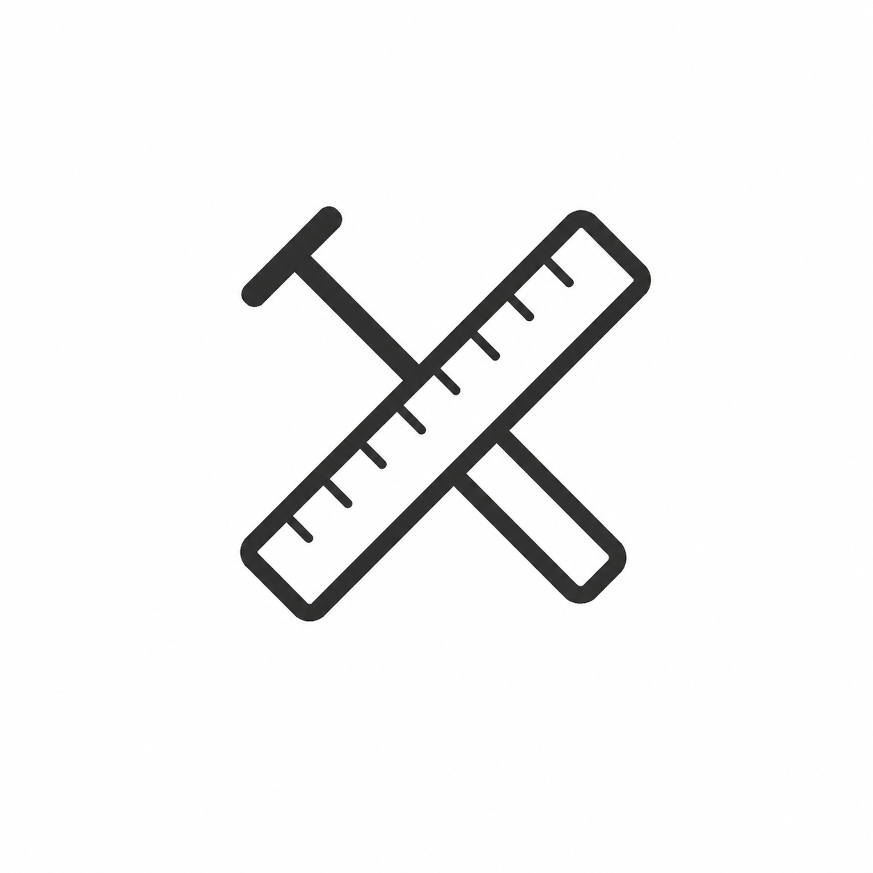 Icon of a syringe and a ruler crossed over each other black outline on a white background.