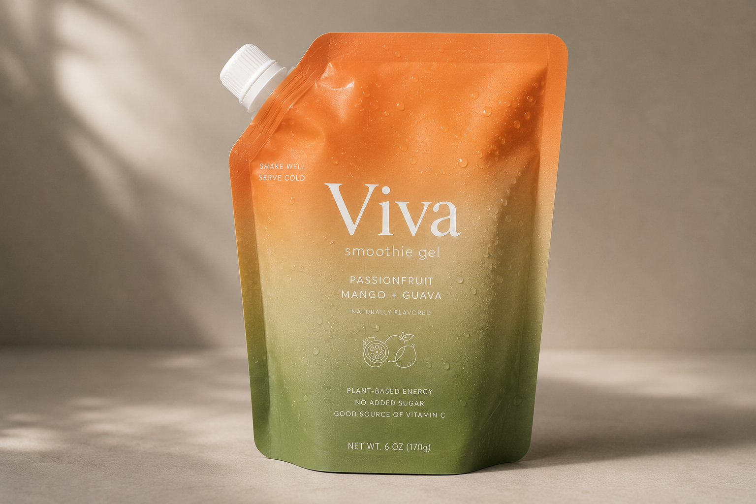 A pouch of Viva smoothie gel with passionfruit, mango, and guava flavor, featuring an orange-to-green gradient design, a white screw cap, and water drops on the surface.