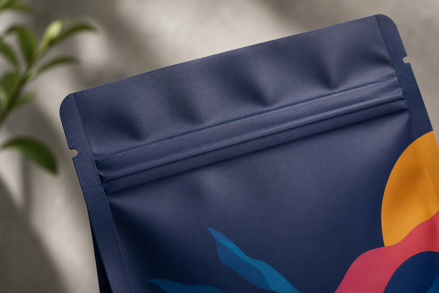 Close-up of a blue, resealable bag with a partial colorful graphic design, placed on a surface with a blurred green plant in the background.