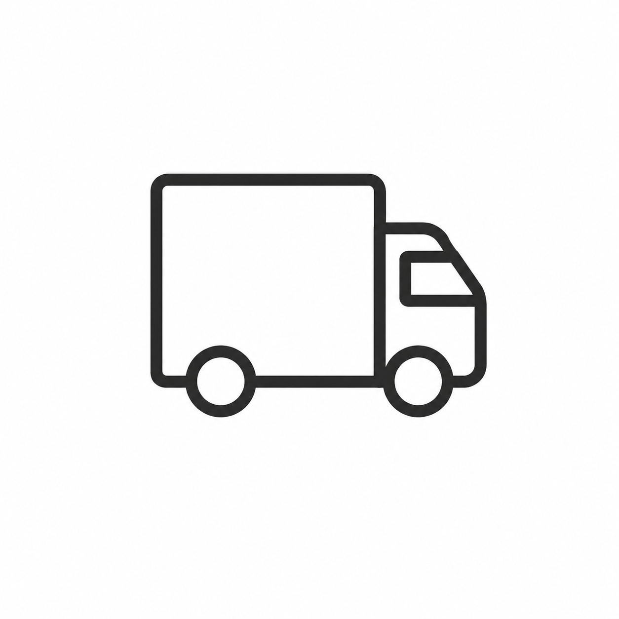 Line drawing of a delivery truck with a rectangular cargo area and a cab with a window.