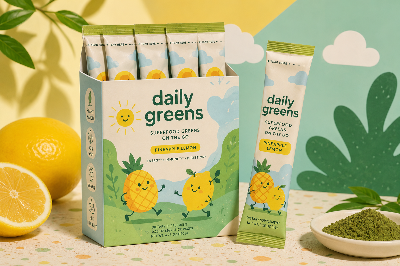 Box and individual packet of Daily Greens Pineapple Lemon superfood greens supplement with a smiling pineapple and lemon illustration, lemon and green powder on a speckled surface, lemon slices, green leaves, and a green paper backdrop.