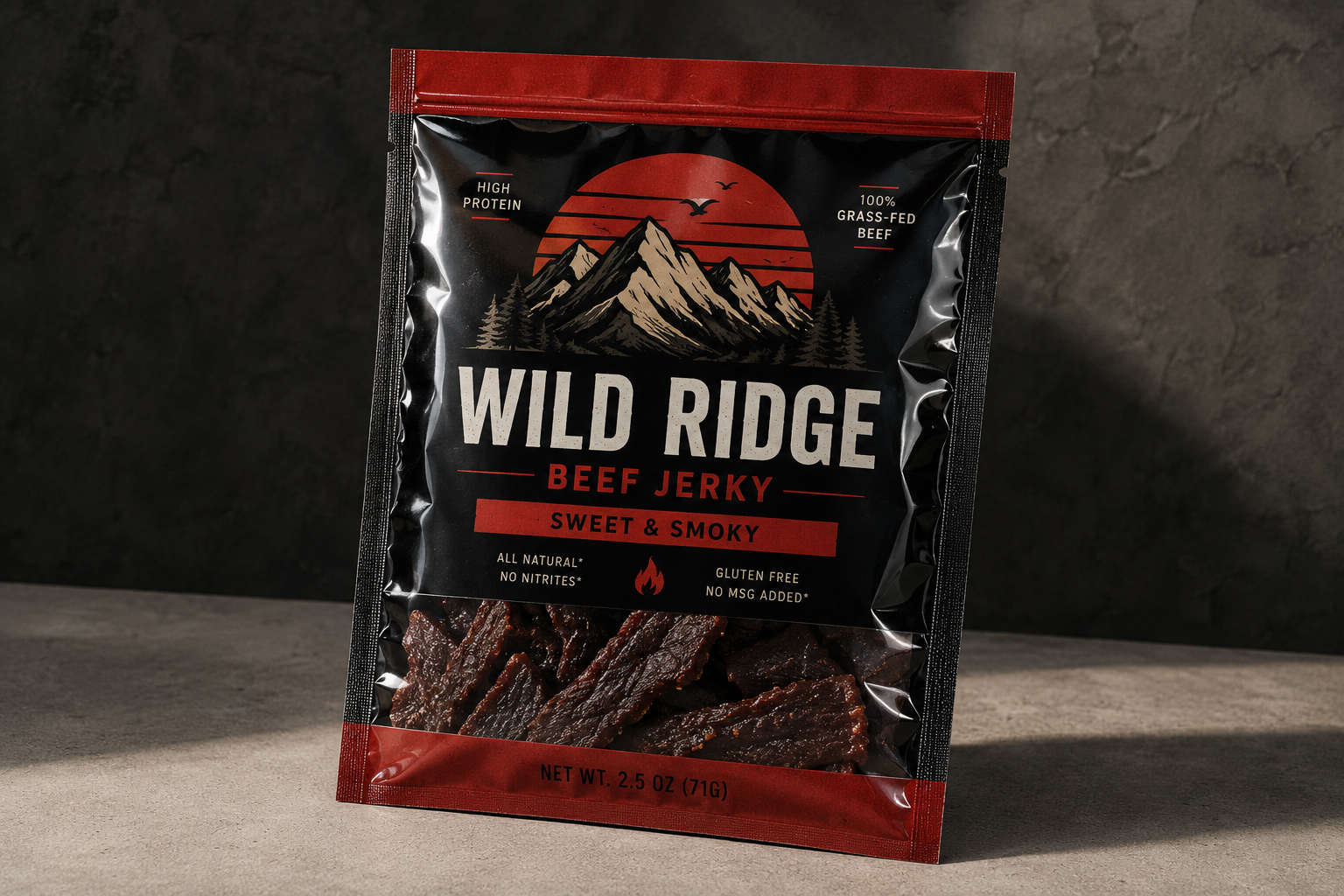 Package of Wild Ridge beef jerky with a mountain landscape illustration and a red sun on black background. Text indicates high protein, 100% grass-fed beef, gluten free, no nitrates, no MSG added. Net weight 2.5 oz.