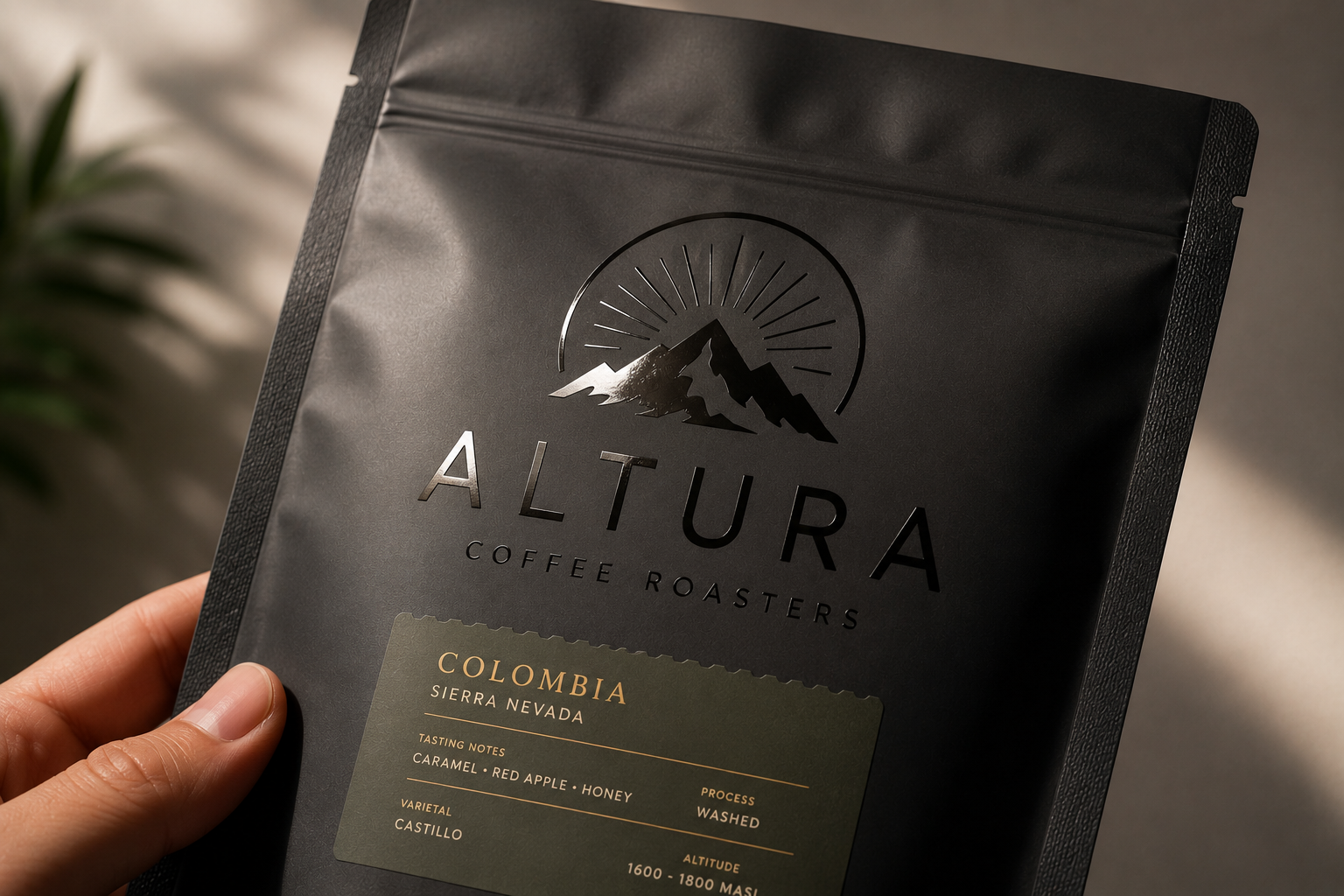 Close-up of a black bag of Altura Coffee Roasters Colombian Sierra Nevada coffee, showing the label with tasting notes caramel, red apple, honey, and washed process details.