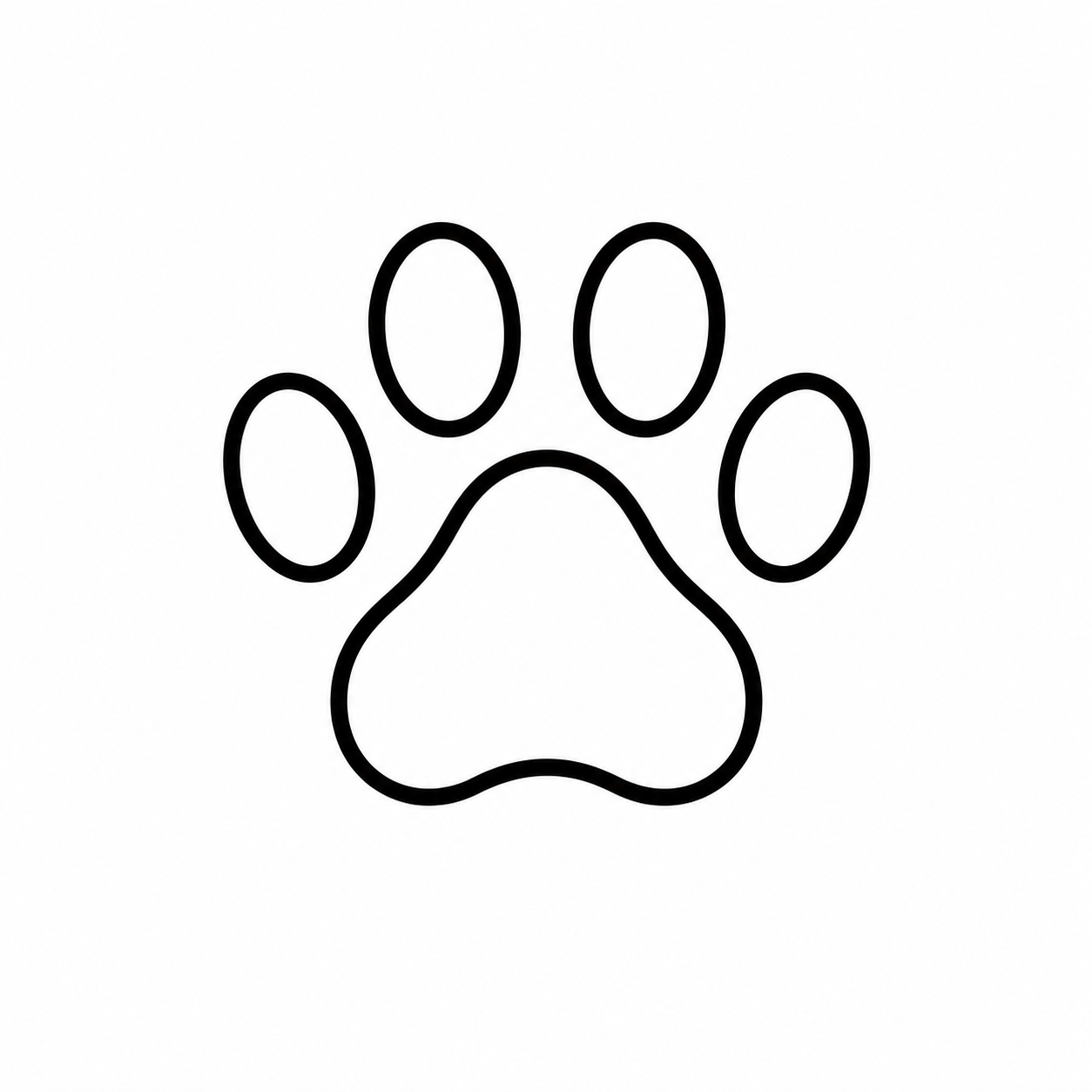 Outline drawing of a paw print with four oval toe pads and a larger heart-shaped pad.
