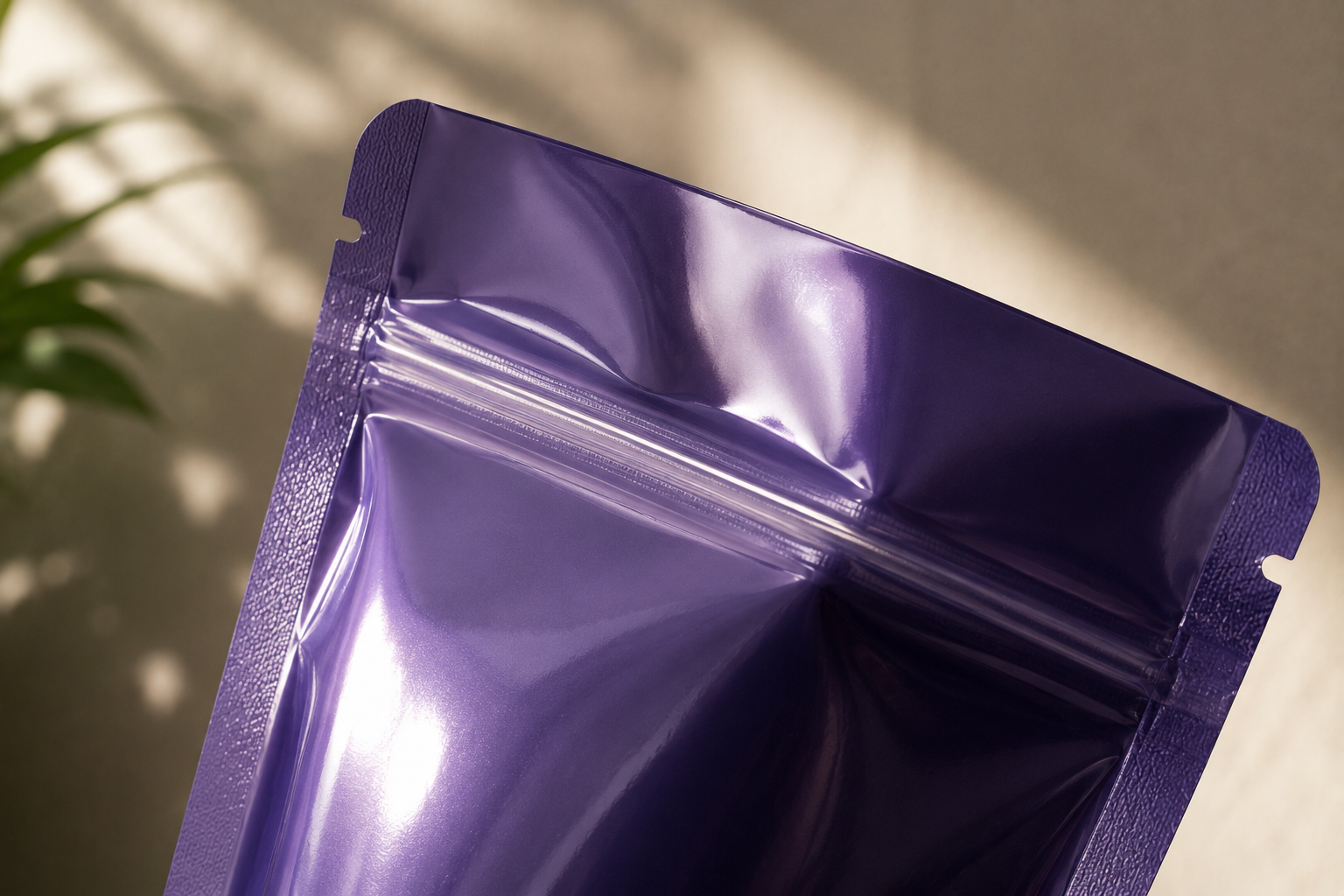 Close-up of an open purple foil package with a resealable zipper, on a neutral surface with some blurred green leaves in the background.