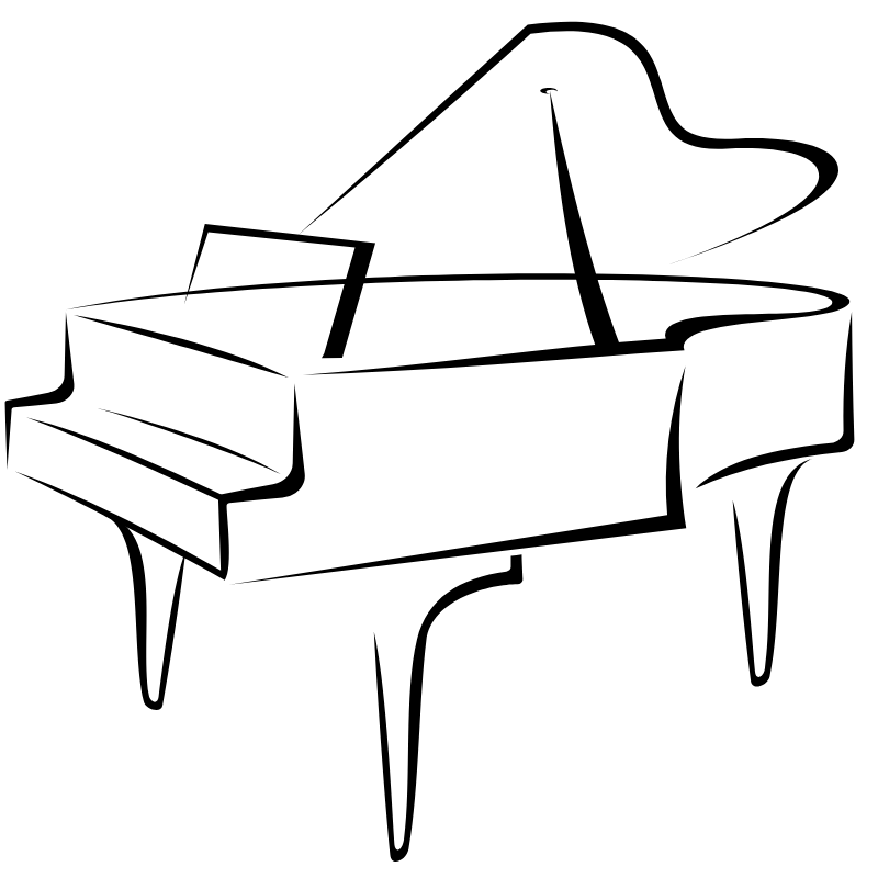 Line drawing of a grand piano with an open lid and a bench.