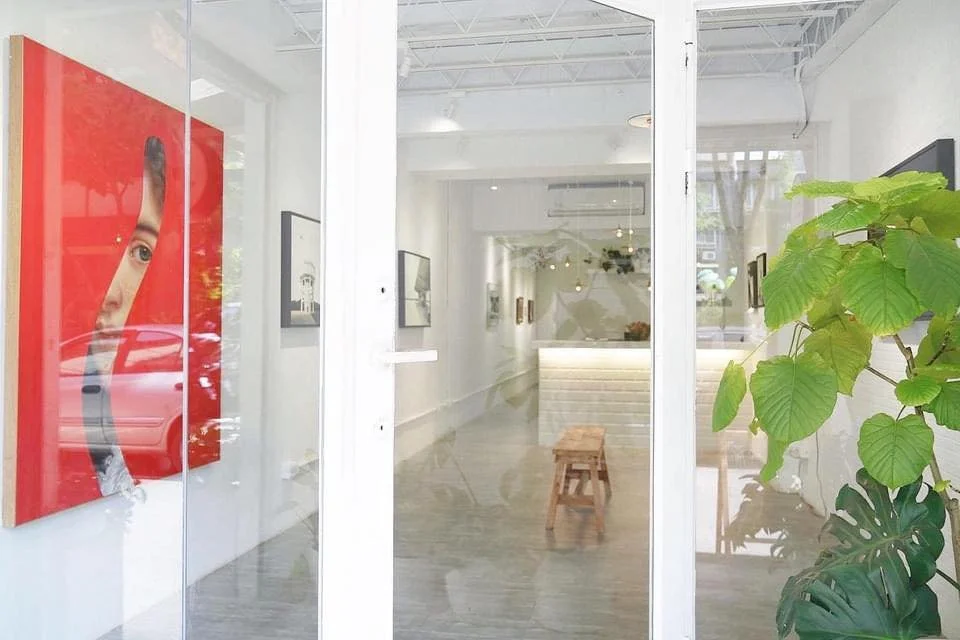 View of an art gallery interior through glass doors, featuring artwork on white walls, wooden benches, and green plants outside.