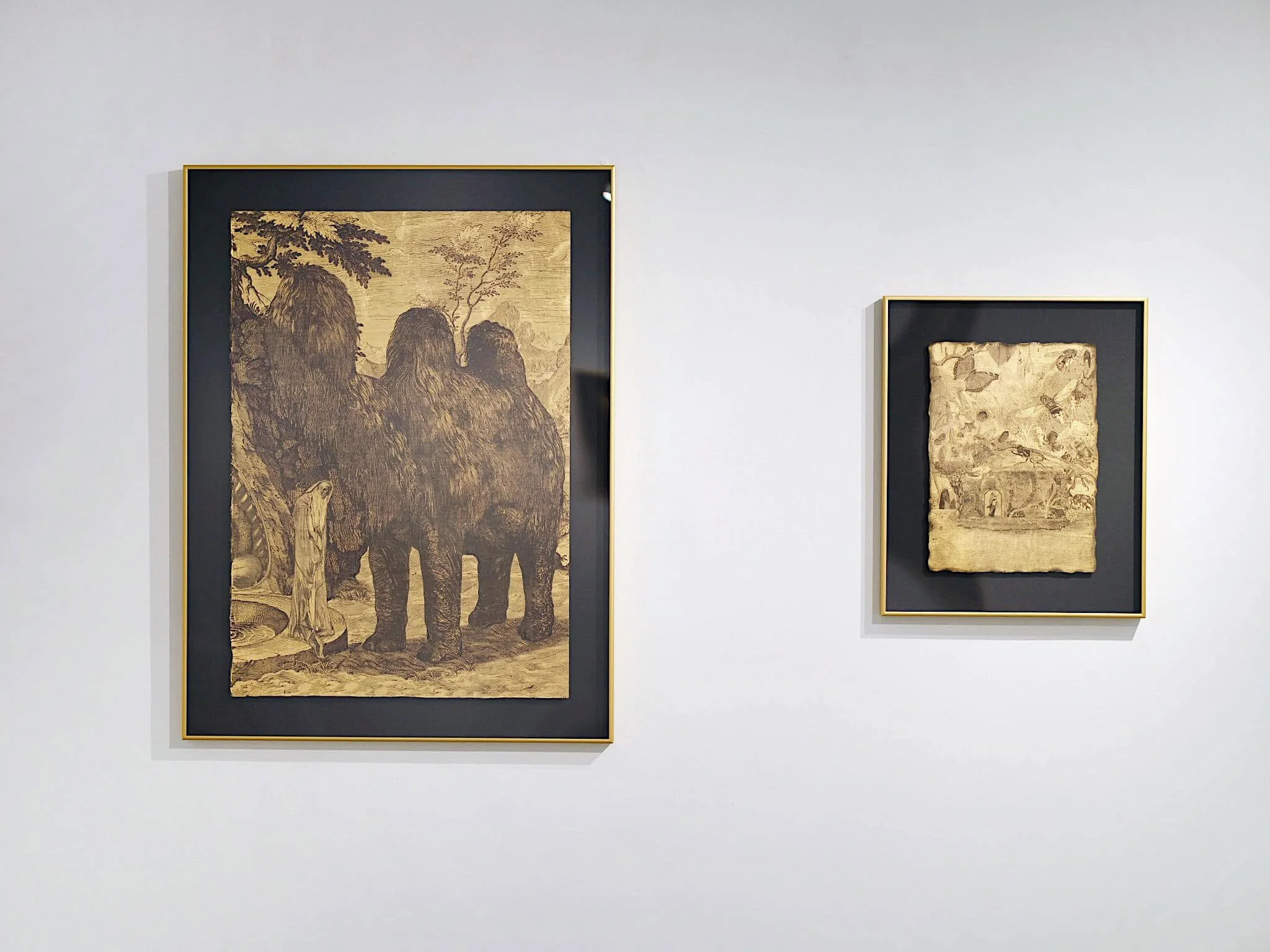 Two framed drawings or prints of historical scenes or artwork hanging on a white gallery wall.