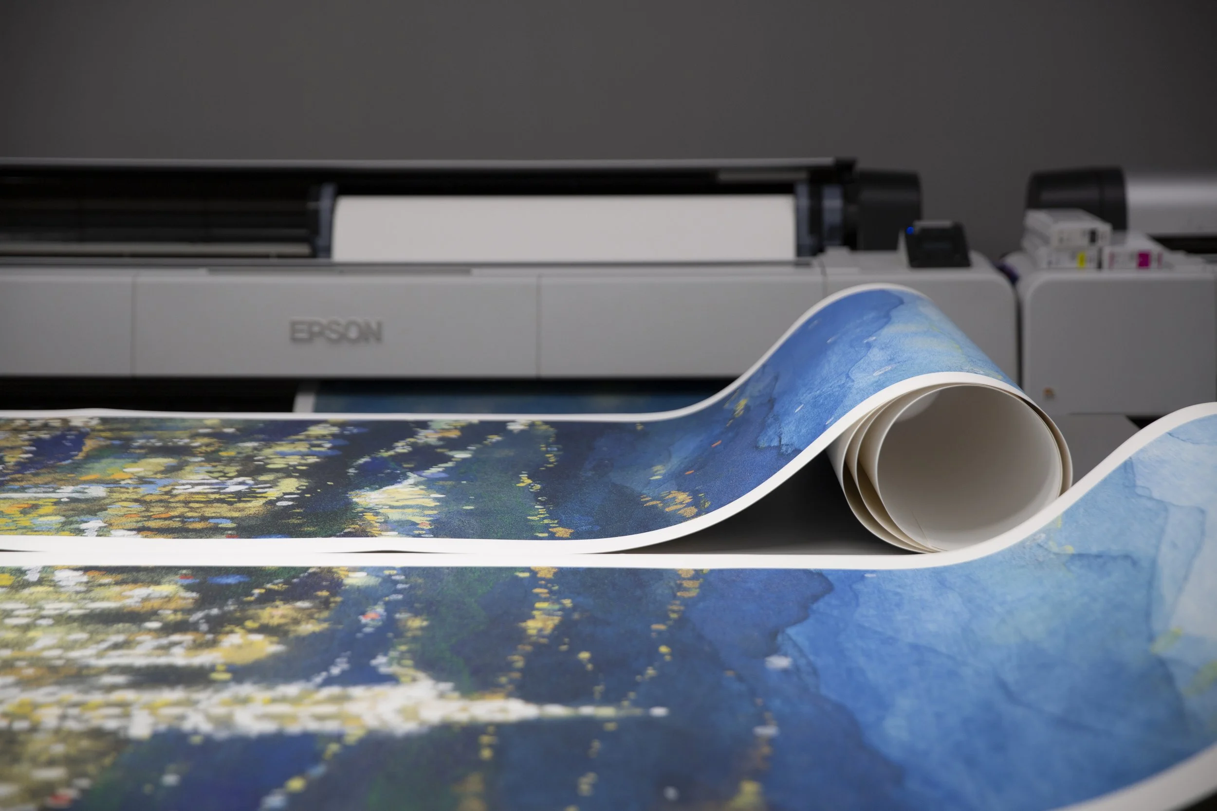 A large-format inkjet printer printing a colorful landscape photo onto paper, with ink cartridges and a rolling print in the foreground.