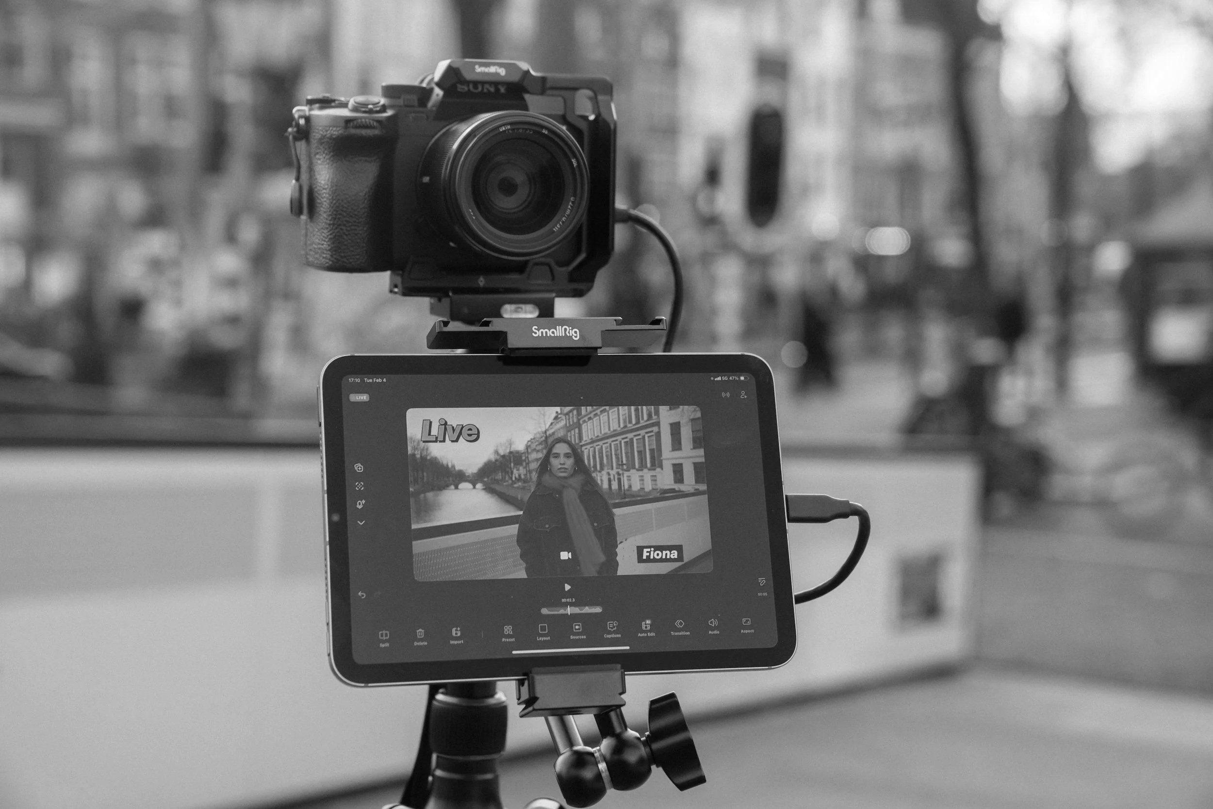 Camera filming social media content on location
