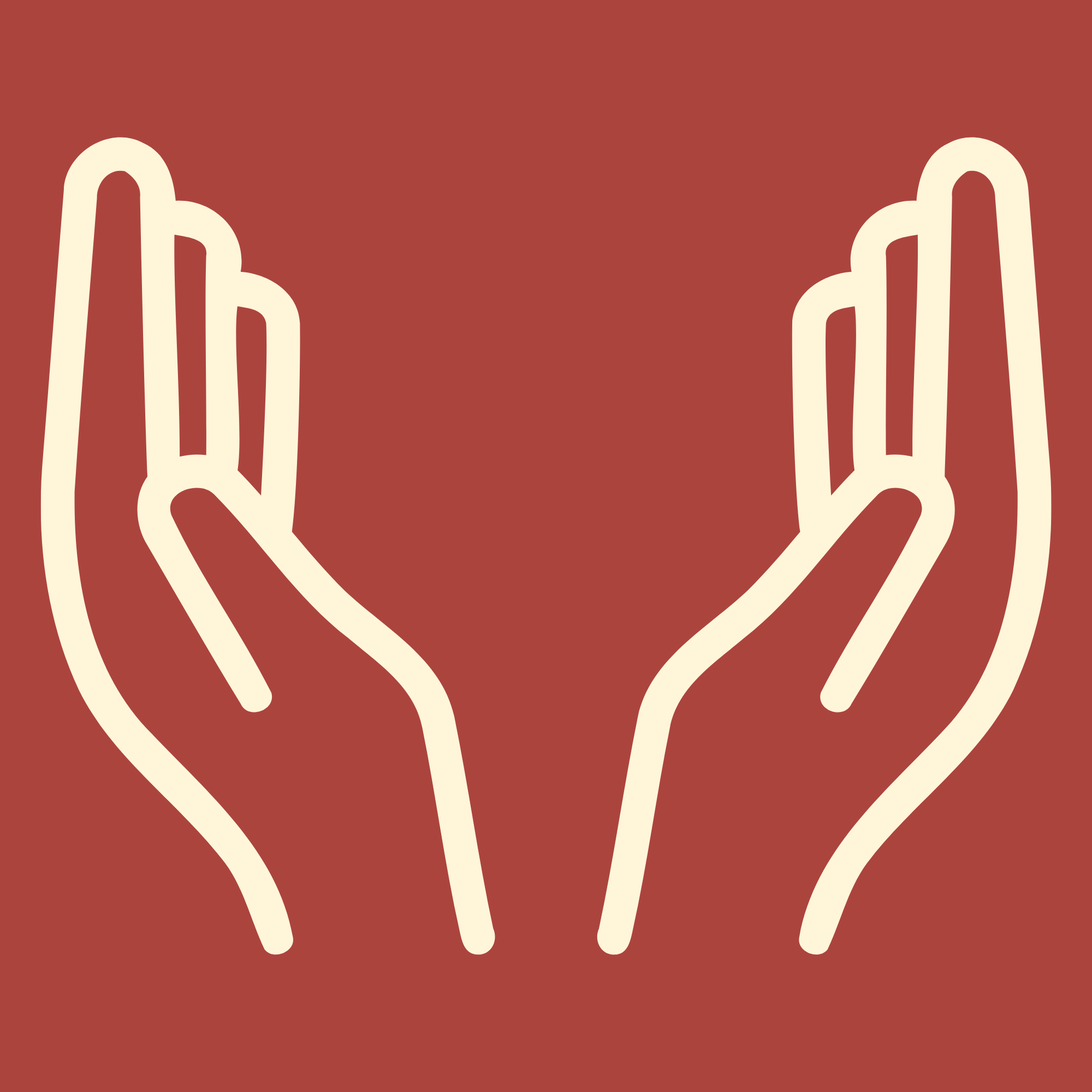A simple cream outline illustration of to hands cupping together to symbolise a welcoming birth environment, on a burgundy background