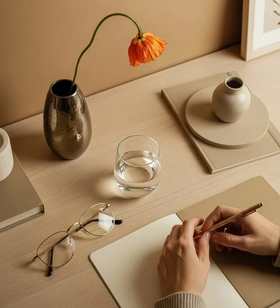 A wooden desk with a potted plant with an orange flower, a glass of water, a pair of glasses, and a person's hand writing on a notepad.
