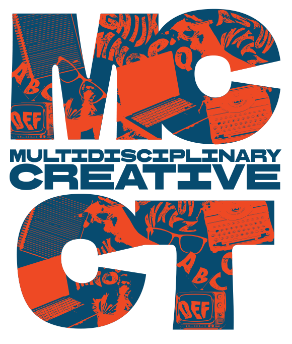 The image features the words 'MULTIDISCIPLINARY CREATIVE' in bold black and blue text, with the word 'MCCT' in large stylized blue and orange letters filled with various images of multimedia equipment and creative tools.