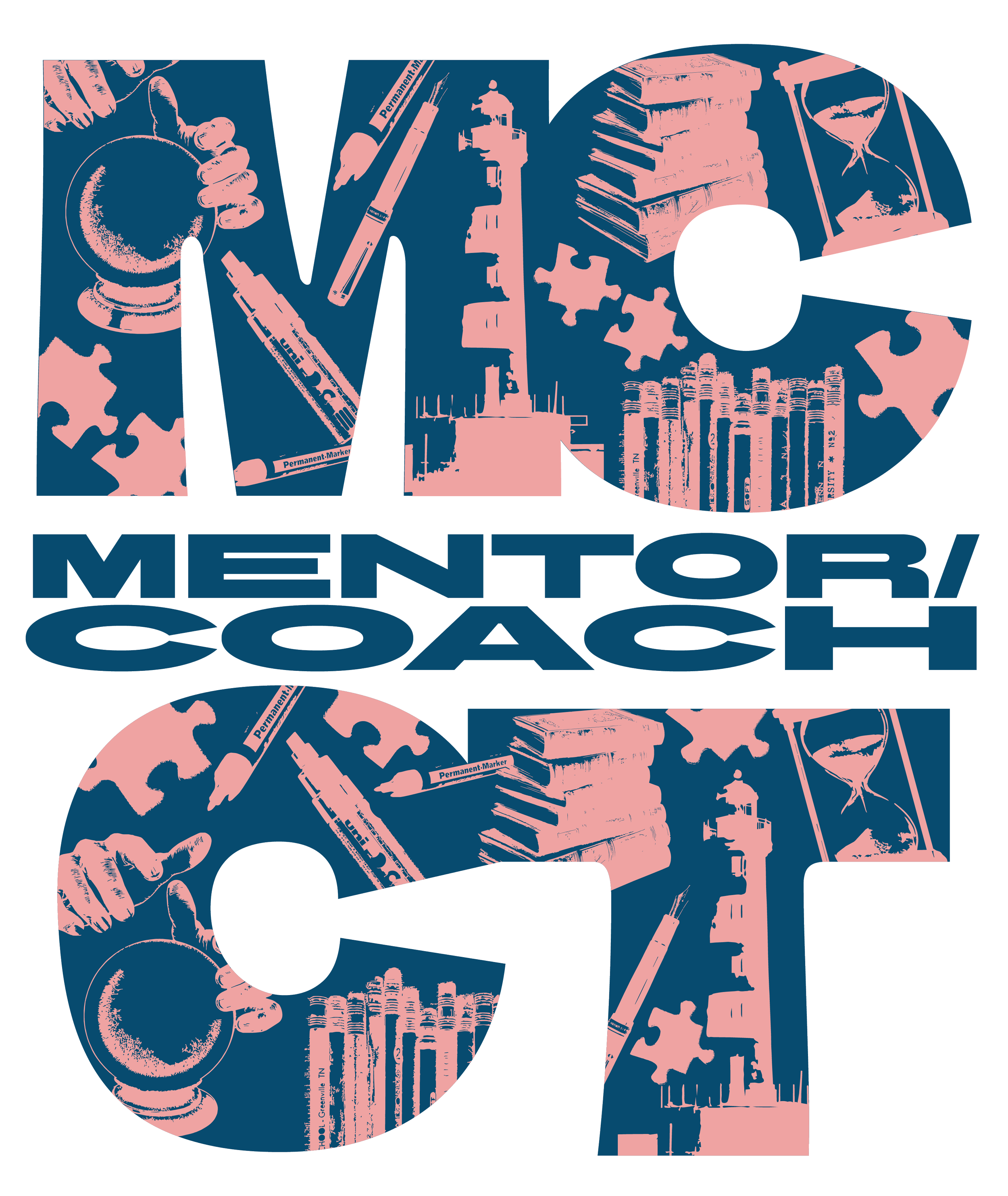 The image features the word 'MCCT' in large, stylised block letters. Each letter is filled with a collage of images like a fountain pen, puzzle pieces, books, and an hourglass. The collage's colours are predominantly pink and navy blue.