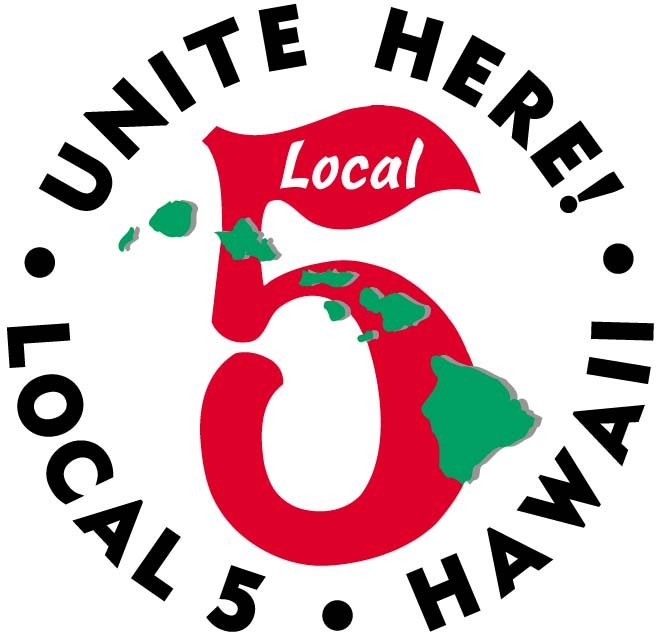 A promotional graphic with a large red number 5 and green Hawaiian islands, surrounded by black text that says "Join the Here! Local 5 Hawaii".