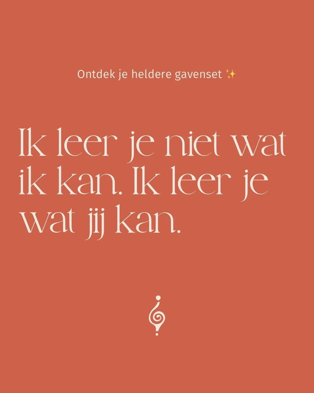 &ldquo;Ik leer je niet wat ik kan. Ik leer je wat jij kan.&rdquo;

Geen vast stramien, geen kopie van mijn pad. Ik geef je handvatten &mdash; en jij gaat op ontdekking naar wat er bij j&oacute;u naar boven komt. Dat is waar de Roadmap om draait: jouw