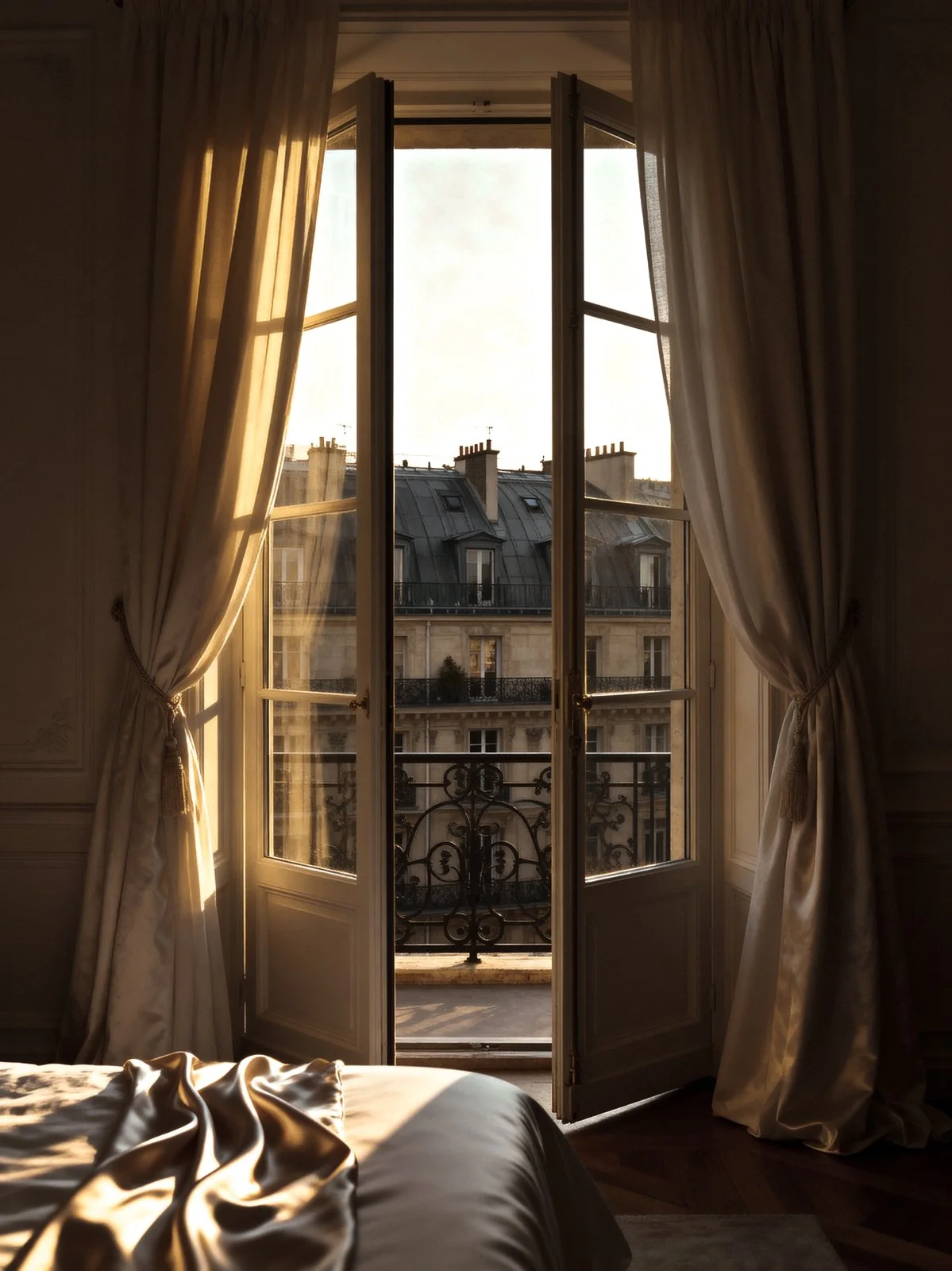 Open French door with curtains revealing a Parisian cityscape with rooftops and chimneys during sunset.