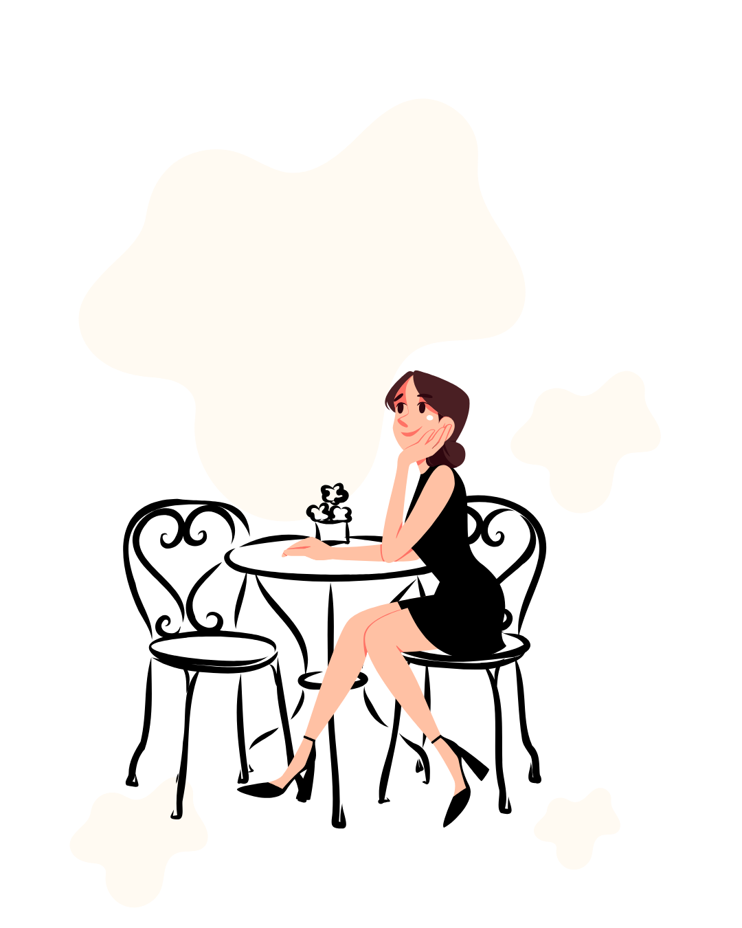 A cartoon illustration of a woman with brown hair and fair skin, sitting with one leg crossed over the other, resting her chin on her hand, surrounded by large white thought clouds and smaller white clouds around her.