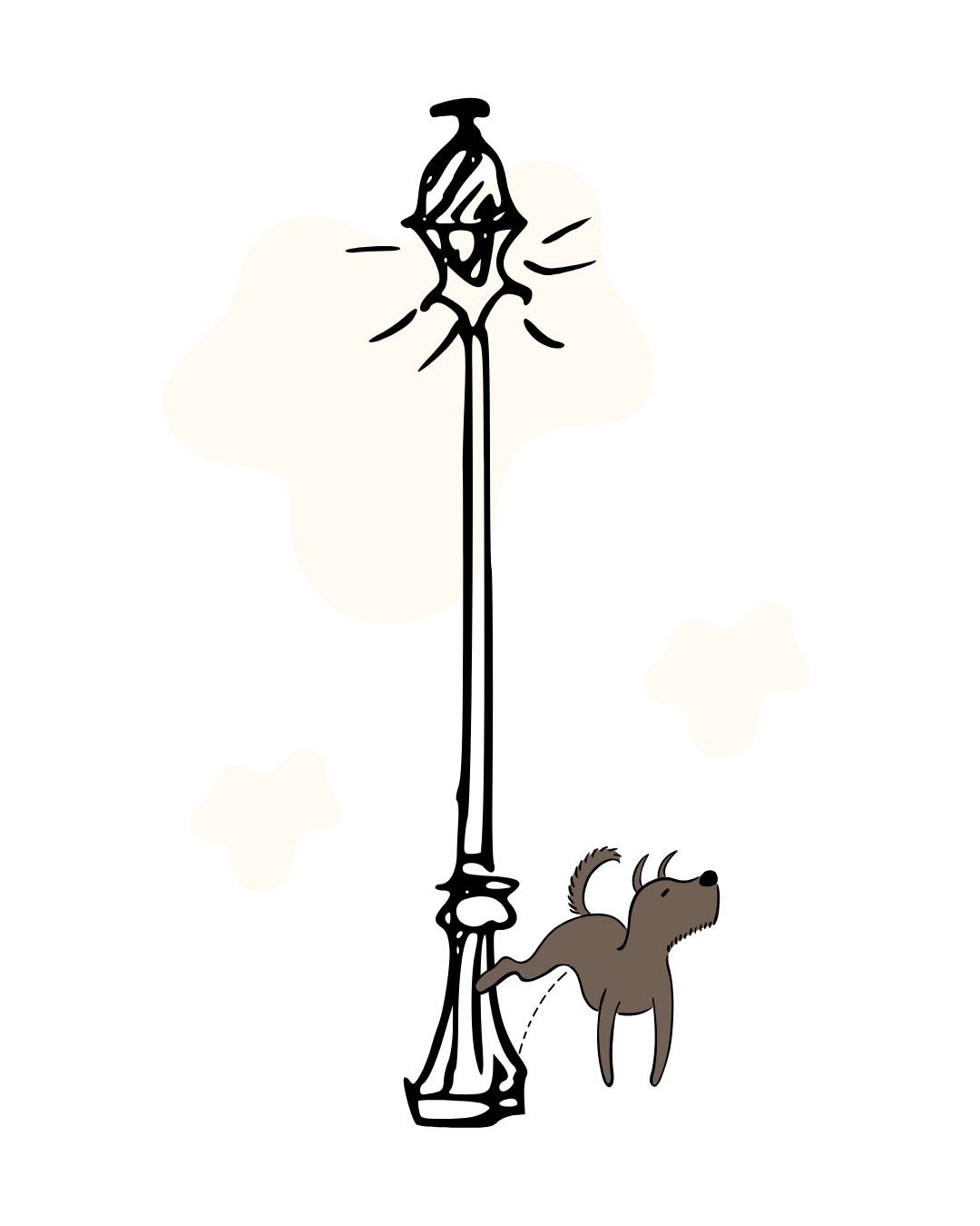 Line drawing of a dog sniffing a large bone with two smaller bones nearby and a small dog standing behind the large bone