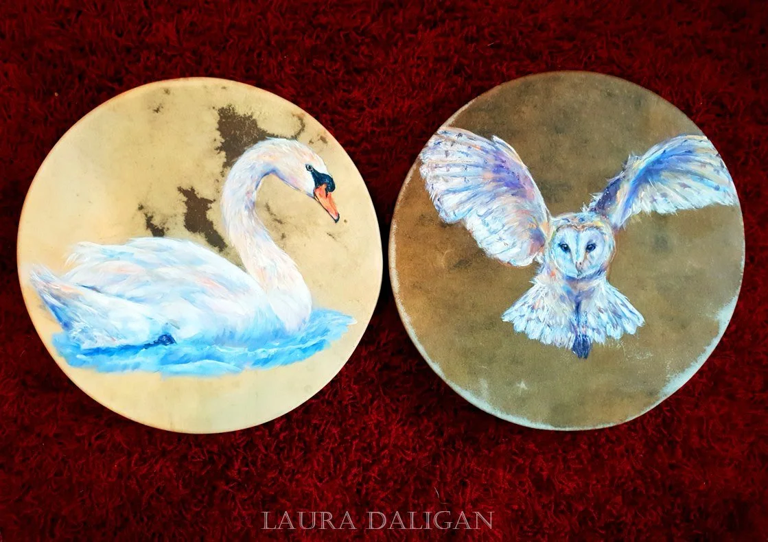 Swan Drum and Owl Drum - Shamanic Drum Art by Laura Daligan