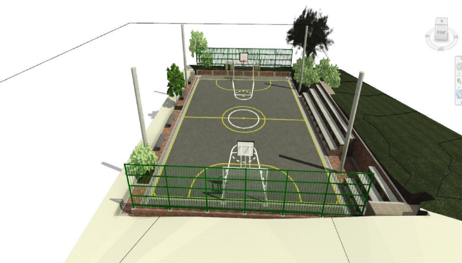 Representación en 3D de una cancha de baloncesto al aire libre con un perímetro vallado, bancos y vegetación a su alrededor.
