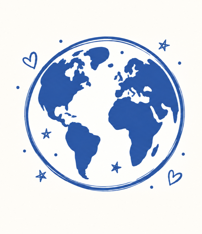 Ilustración azul de la Tierra con los continentes sobre un fondo blanco, rodeada de pequeñas estrellas y corazones.