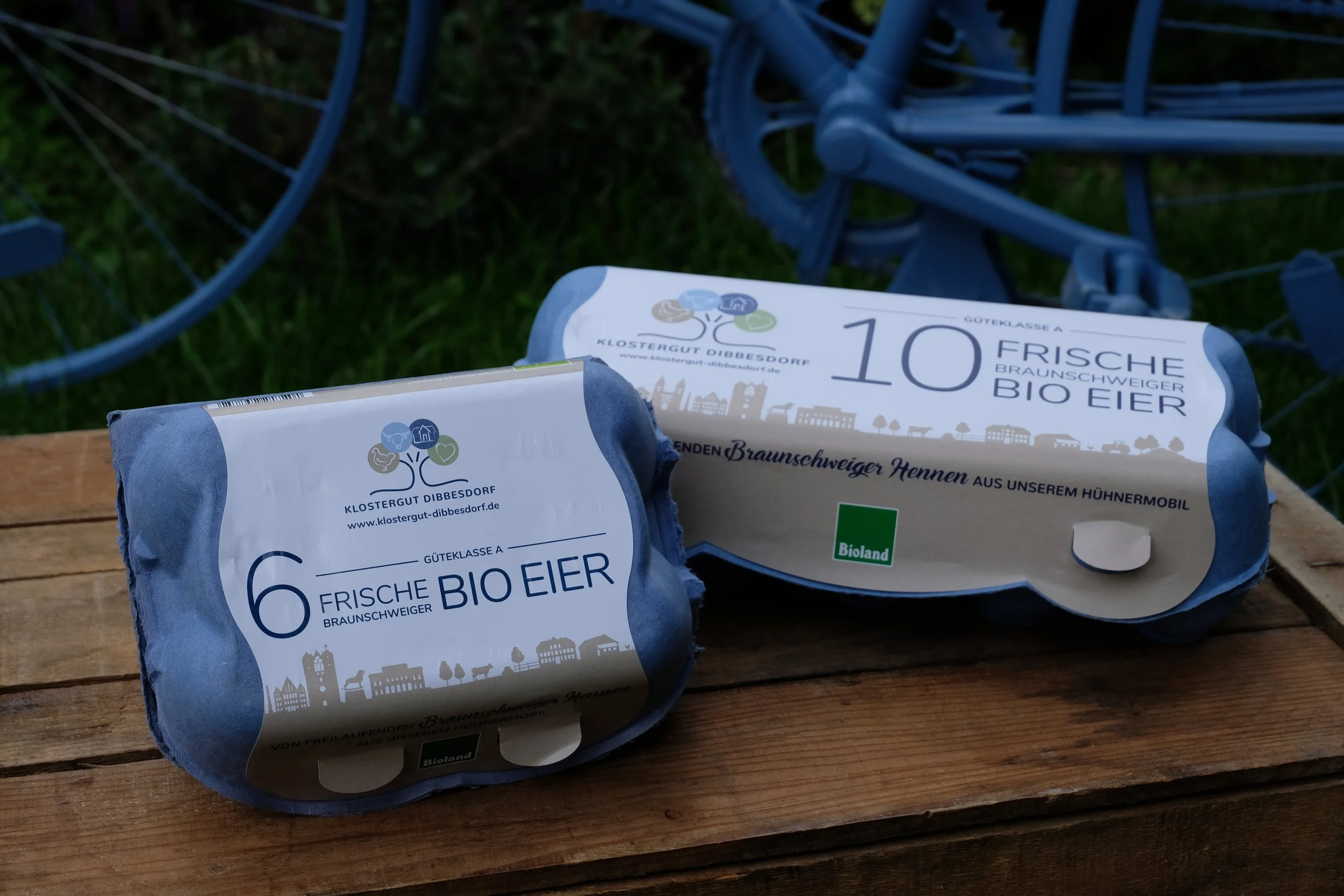 Frische Bio-Eier vom Klostergut Dibbesdorf in Eierpackungen.“