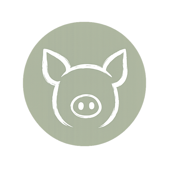 Ein stilisiertes Schweinengesicht, gezeichnet mit weißen Linien auf einem runden, hellgrünen Hintergrund.