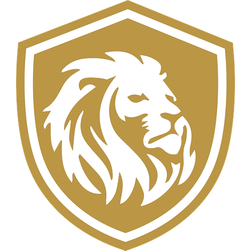 A gold shield emblem with a white lion's head in profile facing right.