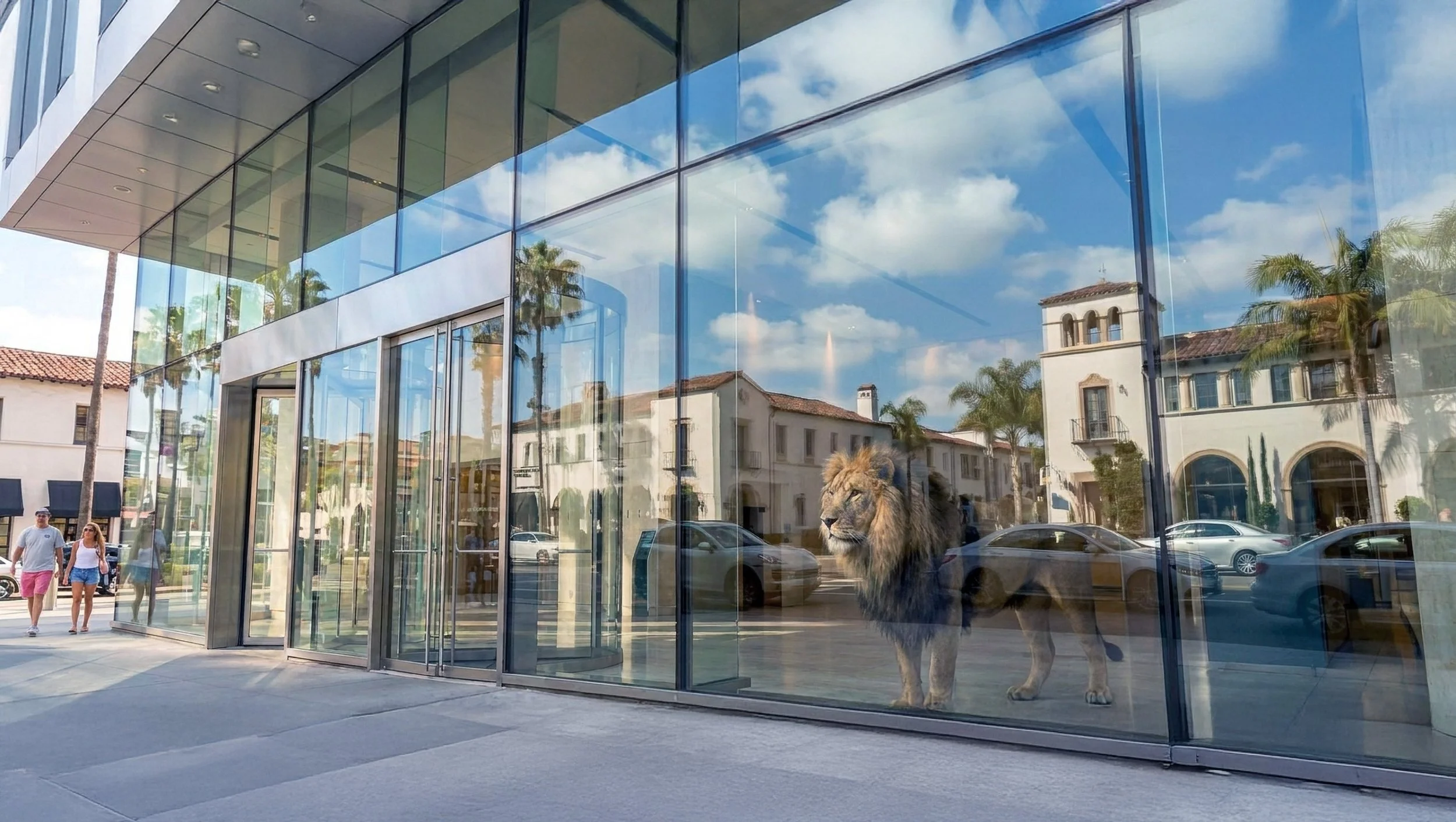 A modern glass building reflecting a cloudy sky and surrounding structures. Inside the glass, a lion sculpture is visible, along with some cars and pedestrians outside.